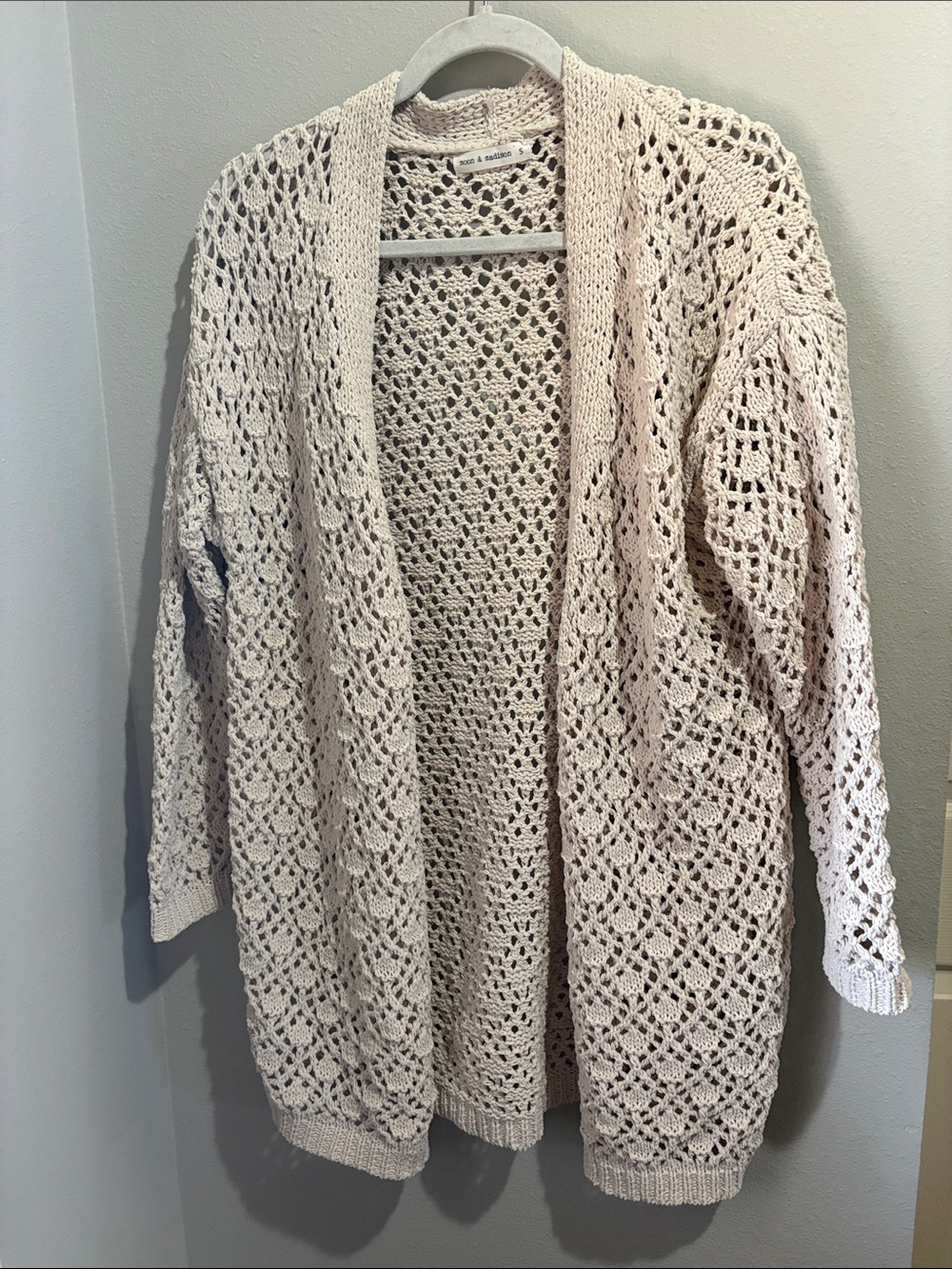 Moon & Madison Open Crochet Knit Cardigan Sweater - Cream, size small